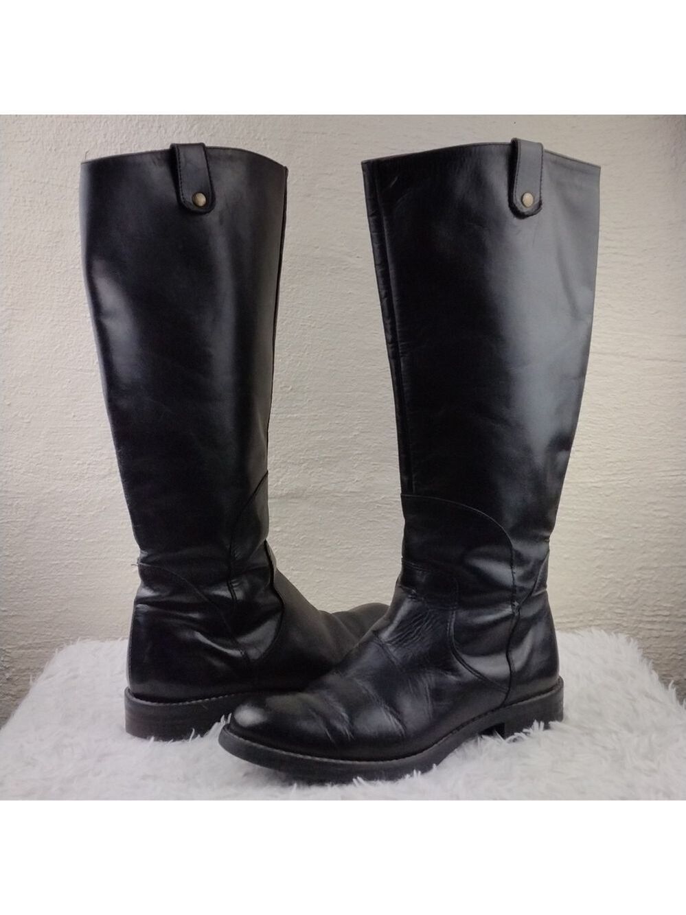 Pie Libre Italian Black Leather Almond Toe Side Zipper Low Heel Casual Tall Boot